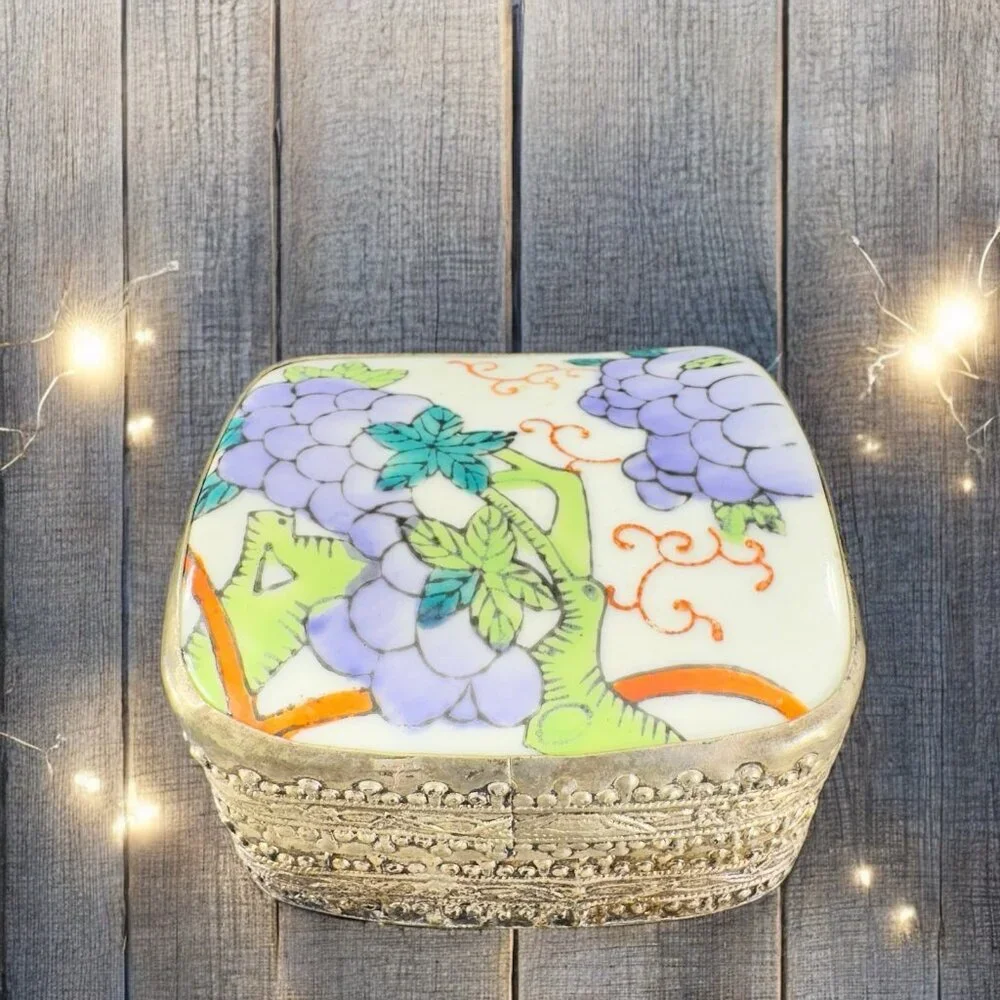 Vintage Silver Plated Trinket Box Holder Multicolor Porcelain Top Floral Pattern